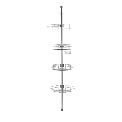 VEVOR Shower Corner Caddy Tension Pole, 42" to 114" High, Multi-Functional Shower Tension Pole with Strong Load-Bearing Tray, Rust-Proof Easy-to-Install, Fit for Bathroom & Washroom, Silver
