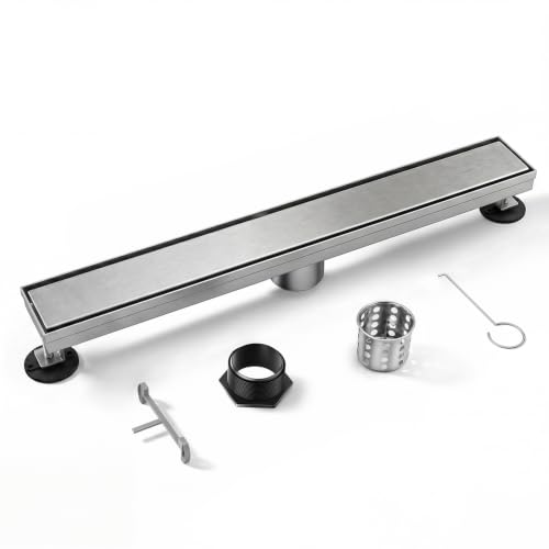 Linear Shower Drain, 304 Stainless Steel with Adjustable Leveling Feet, Hair Strainer,Reversely Install Place to Create an Invisible Floor Drain - Silver -24-Inch - color: Silver, size: 24inch