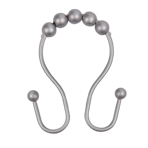 Kenney KN67124 Rust-Proof Gliding Aluminum Beaded Shower Curtain Rings with Double Hanging Hooks for Shower Curtain and Standard Shower Curtain Rod, Bathroom Use, Easy to Install, 12-Pack, Matte Gray