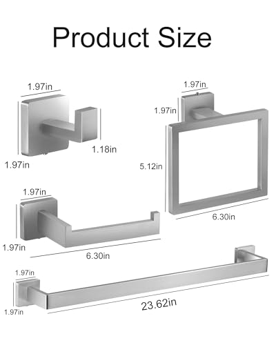 Brushed Nickel Bathroom Hardware Set 10 Pieces Includs 2pcs 24 inch Towel bar, 2pcs Towel Ring, 2pcs Toilet Paper Holder, 4pcs Towel Hook (Brushed-10PCS-24Inch)