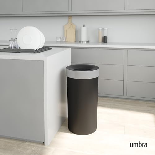 Umbra Vento Kitchen Trash Can, Open Top Bin, 16.5 Gallon, Black/Nickel | Brushed metal accents, bag concealing design, easy wipe clean, fits home and office, durable plastic - color: Black/Nickel