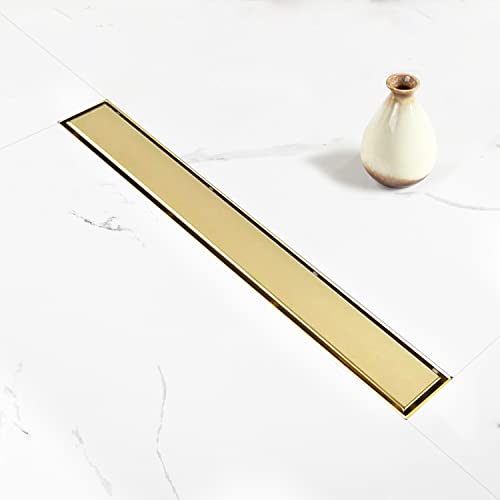 24" Linear Shower Drain Brushed Gold Drain with Tile Insert Grate | AISI 304 Stainless Steel Fast Drainage Rectangle Hidden Shower Trench,Detachable Hair Catcher Easy to install,Leveling Feet - color: Gold, size: 24 Inch (No Base)