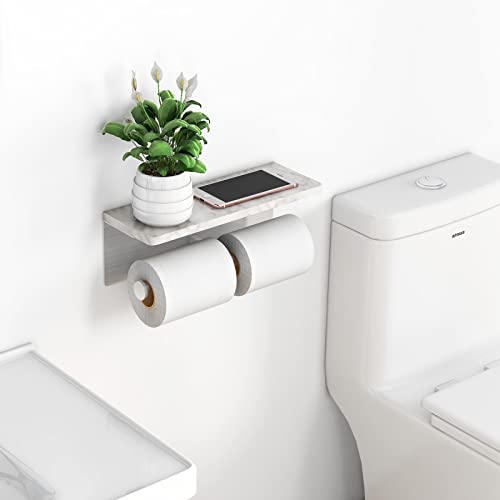 Gypie Toilet Paper Holder with Marble Shelf, Double Brushed Nickel | Stainless Steel Tissue Roll Paper Holder Wall Mount for Bathroom Washroom - color: Brushed Nickel Double