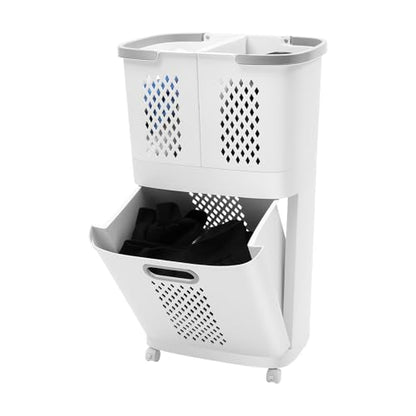 Rolling Laundry Hamper with Wheels, Grey Plastic Laundry Basket | Removable Dirty Clothes Basket with Handles Portable Rolling Clothes Hamper for Dorm, Laundry Room, Bathrooms, Kitchens