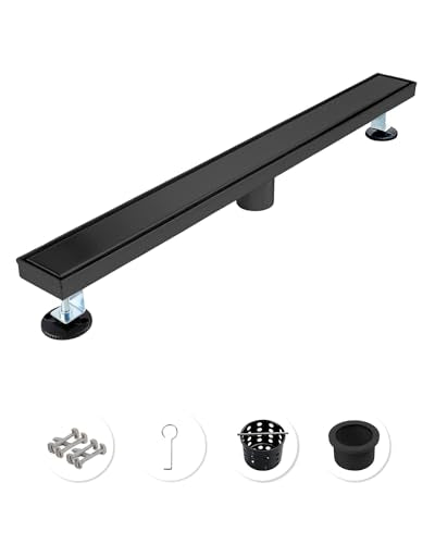 28 Inch Matte Black Linear Shower Drain | CUPC Certified 2-in-1 Tile Insert for Curbless Showers. 304 Steel, 15.8GPM Flow. Includes Hair Catcher & Adjustable Feet. - color: Matte Black, size: 28in