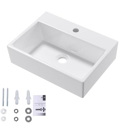 Wall Mounted Bathroom Vessel Sink, QISHKA 19" X 14" Rectangular Floating Ceramic Wash Hand Basin White Wall Hung Vanity Sink for Bathroom and Cloakroom - size: 19.3" x 14" x 5.1"