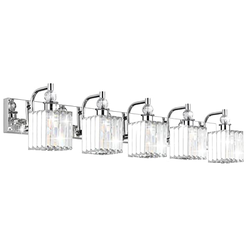 Ralbay Modern Crystal Bathroom Vanity Light 5 Light 40''Chrome Vanity Lighting Over Mirror Bathroom Wall Lighting Fixtures - color: Square-Chrome, size: 40 inch