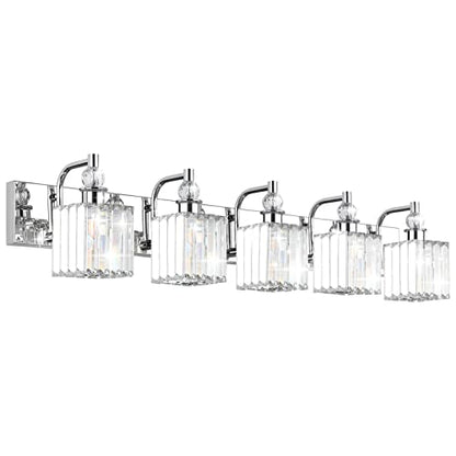 Ralbay Modern Crystal Bathroom Vanity Light 5 Light 40''Chrome Vanity Lighting Over Mirror Bathroom Wall Lighting Fixtures - color: Square-Chrome, size: 40 inch