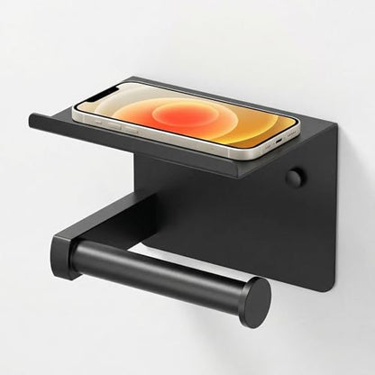 FORIOUS Toilet Paper Holder with Shelf, Adhesive or Screw, Matte Black | Wall Mount Toilet Paper Roll Holder for Bathroom, Stainless Steel Commercial Toilet Tissue Roll Dispenser with Phone Shelf - color: Matte Black