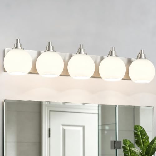 IZORRO Bathroom Light Fixtures, 5-Light Brushed Nickel Vanity Light, Modern Wall Sconces with Globe Milk White Glass Shade, Vanity Lighting Fixtures Over Mirror,E26 Bulb Socket - color: Nickel-white, size: 5-Light