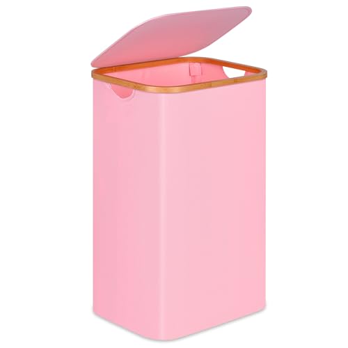 100L Laundry Hamper with Lid, Lagre Basket with Bamboo Handles,Foldable Clothes Hamper Tall Dirty Laundry Basket for Clothes Toys Towels Organizing,Pink - color: Pink, size: 100L with lid