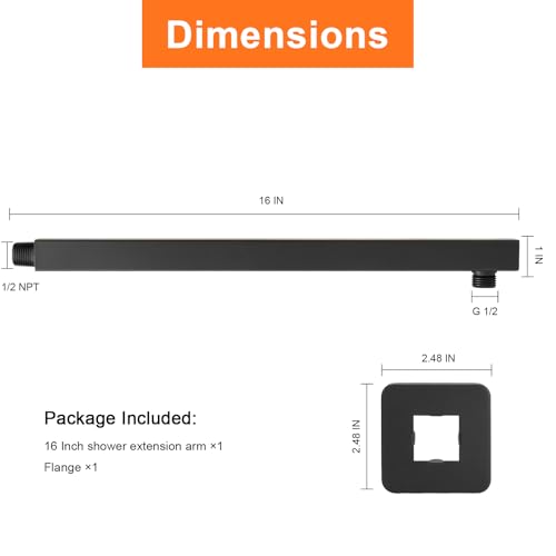 Shower Arm, Rain Shower Head Extension Extender, With Flange and Teflon Tape, Made of Thicken Stainless Steel for Bathroom Rainfall Shower (16 Inch, Matte Black) - color: Matte Black, style: 16 Inch