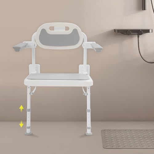 Folding Shower Seat Wall Mounted,18" W Adjustable Height Foldable Shower Chair with Armrests and Backrest Bath Stool Supports 264lbs for Adults Seniors Disabled Home Care