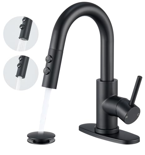 Black Bathroom Faucet with Pull Down Sprayer, 2 Flow Modes | Modern Stainless Steel Bathroom Sink Faucet with Pop-up Drain and Hoses, RV & Outdoor Basins, for 1 or 3 Hole - color: Matte Black