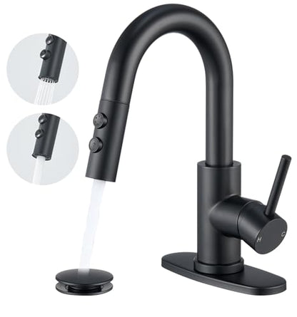 Black Bathroom Faucet with Pull Down Sprayer, 2 Flow Modes | Modern Stainless Steel Bathroom Sink Faucet with Pop-up Drain and Hoses, RV & Outdoor Basins, for 1 or 3 Hole - color: Matte Black