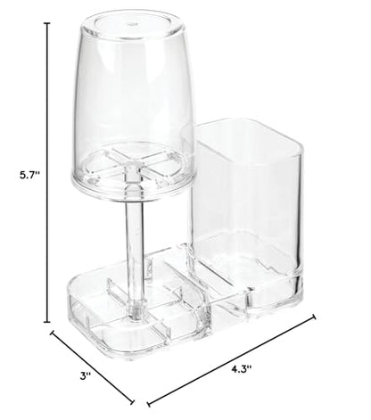 mDesign Modern Plastic Bathroom Vanity Countertop Toothpaste & Toothbrush Holder Stand with Rinsing Cup/Cover - Dental Center Holds Electric Toothbrushes - Clear