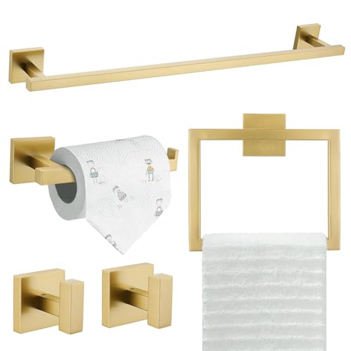 TQKAG 5 Piece Brushed Gold Bathroom Accessories 23.6" Bathroom Hardware Set | SUS304 Stainless Steel, Towel Bar Set, Towel Rack for Bathroom, Classic Toilet Paper Holder Wall Mount, Brushed Gold - color: Brushed Gold, size: 5-Pieces Set