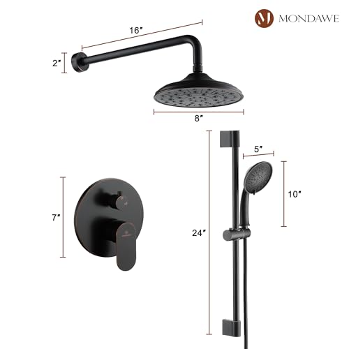 MONDAWE 8 Inch Wall Mounted Shower Faucet Set in Oil Rubbed Bronze, Rainfall Shower Head with 3-Setting Handheld Spray Shower Set Combo, High Pressure Shower System with Solid Brass Valve - color: Oil Rubbed Bronze, style: 8 IN - Without Tub Spout
