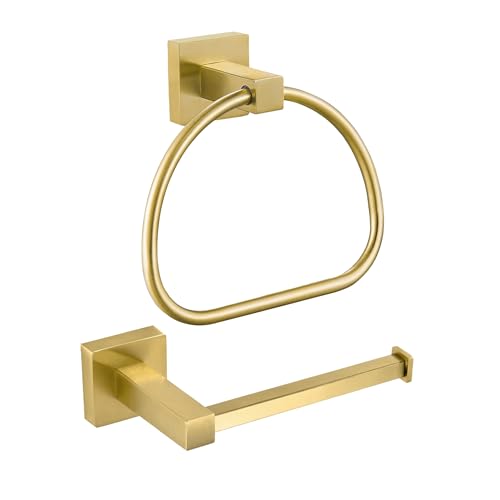 Leyden Gold Toilet Paper Holder Hand Towel Holder, Brushed Brass Toilet Roll Holder Towel Ring, Modern Bathroom Hardware Set Stainless Steel Wall Mounted 2 Pieces - color: Gold Square Bottom