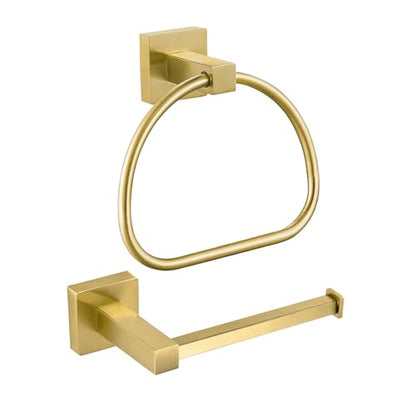 Leyden Gold Toilet Paper Holder Hand Towel Holder, Brushed Brass Toilet Roll Holder Towel Ring, Modern Bathroom Hardware Set Stainless Steel Wall Mounted 2 Pieces - color: Gold Square Bottom
