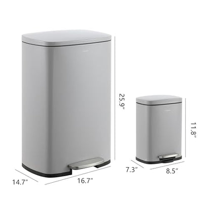 happimess Connor 2-Piece Iron Trash Can, Gloss Gray | 13.2 And 1.3 Gallons, Rectangular, Soft-Close Lid, Step Pedal, 20 Liners, 26" And 12" Height - color: Fog Gray