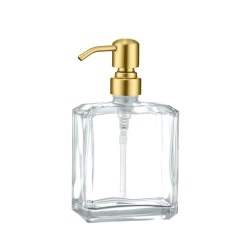 Clear Glass Soap Dispenser Rectangular, Brushed Gold Pump, 13.5 oz | Rust Proof Stainless Steel Pump, Refillable, Hand Soap, Liquild Soap, Dish Soap - color: Gold, size: 13.5oz-Square