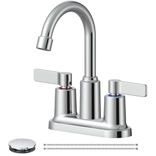 Chrome Bathroom Sink Faucet 3 Hole 4 Inch Centerset Bathroom Faucets | Faucet for Bathroom Sink with Pop Up Drain and 2 Supply Hoses 2 Handle Bathroom Faucet for Sink Vanity RV Evolvegoods - color: Chrome