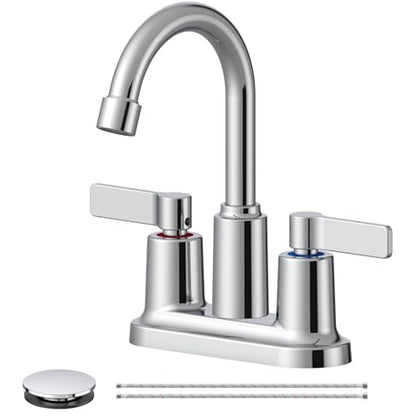 Chrome Bathroom Sink Faucet 3 Hole 4 Inch Centerset Bathroom Faucets | Faucet for Bathroom Sink with Pop Up Drain and 2 Supply Hoses 2 Handle Bathroom Faucet for Sink Vanity RV Evolvegoods - color: Chrome
