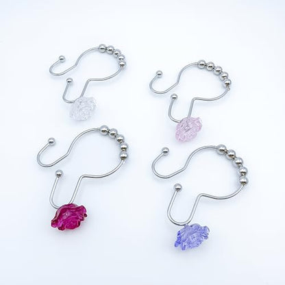 12pcs Rose Shower Curtain Hooks Rings, Double Glide Shower Curtain Rings Stainless Steel Rustproof Home Decor Accessories