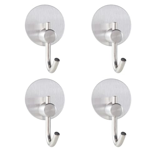 Adhesive Hooks - 4 Pack Towel Robe Coat Hooks Wall Hooks Stick Hooks Utensil Hooks Holder for Hoom Bathroom or Kitchen (Matte Silver, Stainless Steel)