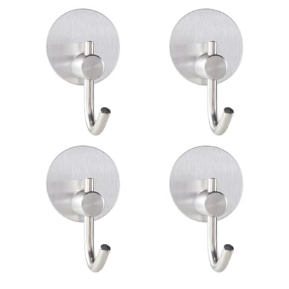 Adhesive Hooks - 4 Pack Towel Robe Coat Hooks Wall Hooks Stick Hooks Utensil Hooks Holder for Hoom Bathroom or Kitchen (Matte Silver, Stainless Steel)