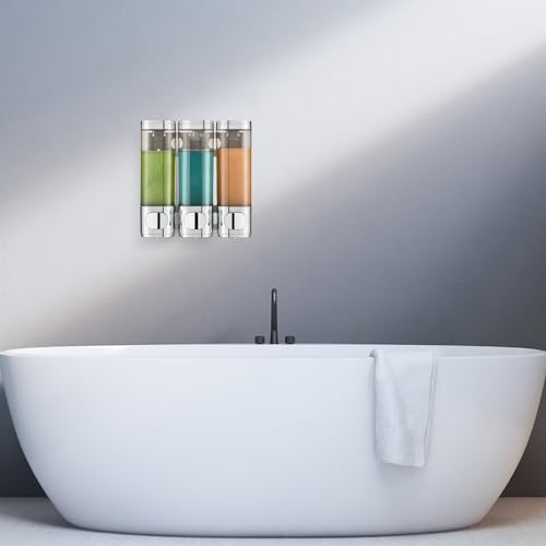 Pollock Shampoo and Conditioner Dispenser Wall Mounted | Shower Soap Dispenser 2 Chamber No Drill, Shampoo Dispenser for Shower, Body Wash Dispenser for Bathroom, Large Capacity - color: Silver Dg3 Chamber