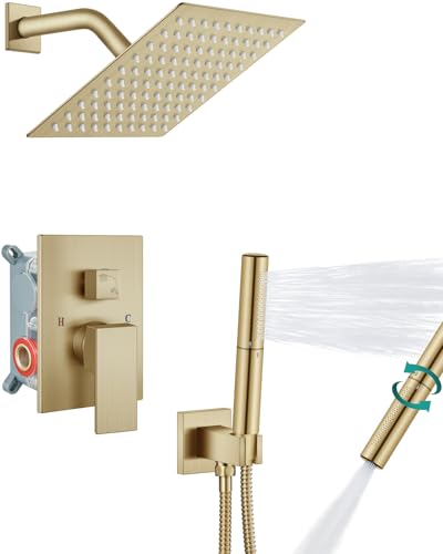 Aolemi Shower System with Rain Head and Handheld,8-Inch,Brushed Gold | High-Pressure Shower Faucet Set with Dual-Function Handheld,Rough-In Valve,1.8 GPM,Wall-Mount Trim Kit - color: Brushed Gold, size: 8 Inch