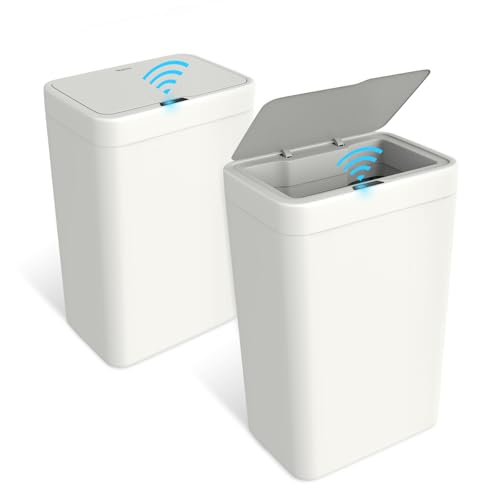 Naisu 2 Pack 4 Gal Bathroom Trash Can with Lid,Automatic Garbage Can with Touchless and Sealed Design,Slim Motion Sensor Waterproof Plastic Trash Bin Suitable for Bedrooms,Bathrooms,Kitchens,(White - color: White