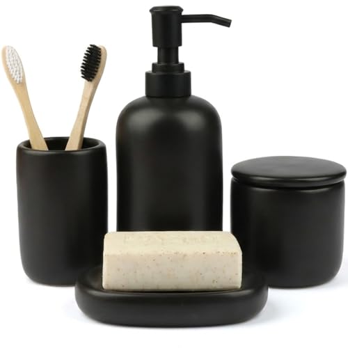 Ava Nord Modern Minimalist Ceramic Bathroom Accessories - Set of 4 - Black | Soap Dispenser + Toothbrush Holder + Soap Dish + Cup, Aesthetic Scandinavian Design, Home Decor, Scratch Resistant, Durable - color: Black
