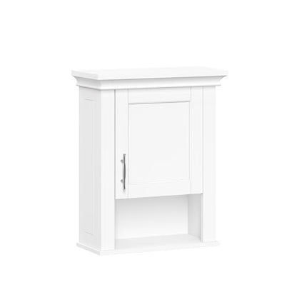 RiverRidge Somerset Single Door Wall Mount Medicine Cabinet, White | Bathroom Wall Storage Cabinet Shelf with Open Display Shelf, Two-Tone Handle and Coved Top Detailing