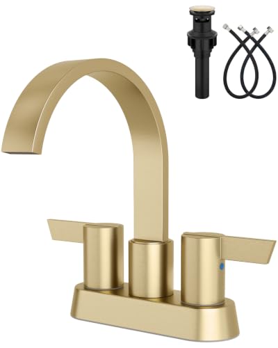 Brushed Gold Bathroom Faucet,4 Inch Centerset 2-Handle Waterfall | Includes Pop-Up Drain,24-Inch Supply Lines,Mounting Hardware,SUS304 Stainless Steel Construction,And A 360° Swivel Spout - color: Brushed Gold