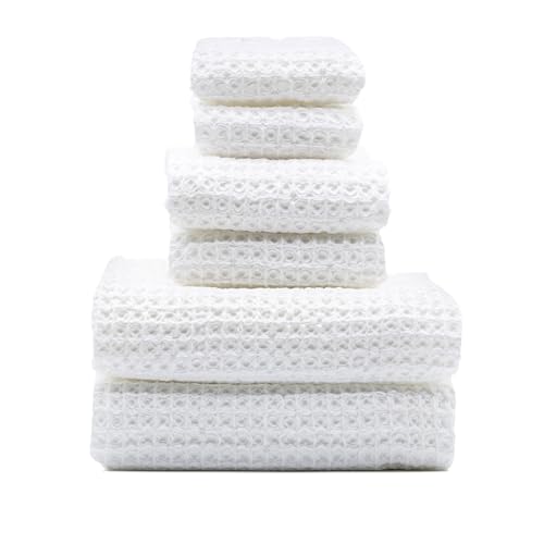 Sedona Waffle Towel Set, 6-Piece 410 GSM 100% Cotton Set Includes 2 Bath Towels, 2 Hand Towels & 2 Washcloths, Quick-Drying, White - color: White, style: Standard Set (Set of 6 with Bath Towels)
