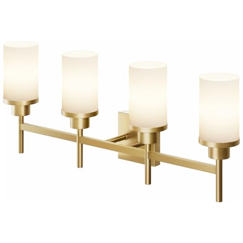 Wall Light Fixtures 4-Light Over Mirror, Gold Vanity Lights with White Frosted Glass Shade, Wall Sconces for Bathroom Washroom Kitchen T001GD-L4 - color: Brushed Gold, size: 4-Light