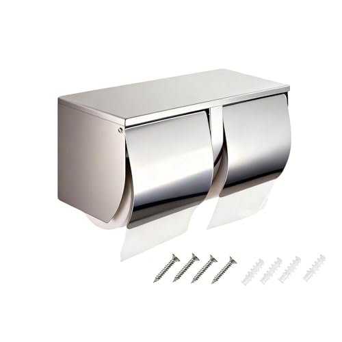 Double Toilet Paper Holder with Shelf，Large Commercial Toilet Paper Dispenser Wall Mounted Tissue Roll for Bathroom Paper Roll Holder Cat Proof Toilet Tissue Cover, Stainless Steel