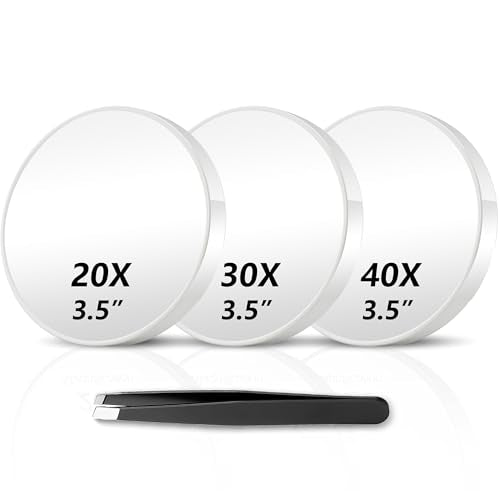 Magnifying Mirror 20X&30X&40X 3 Packs with Tweezer and Suction Cups Set, 3.5 Inches Compact Travel Magnified Mirror-White - color: White