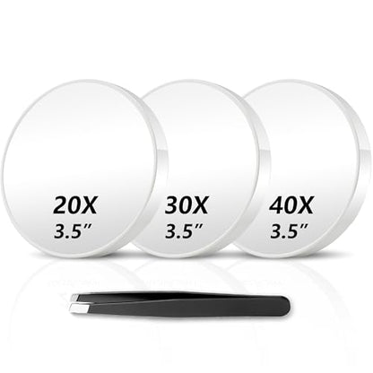 Magnifying Mirror 20X&30X&40X 3 Packs with Tweezer and Suction Cups Set, 3.5 Inches Compact Travel Magnified Mirror-White - color: White