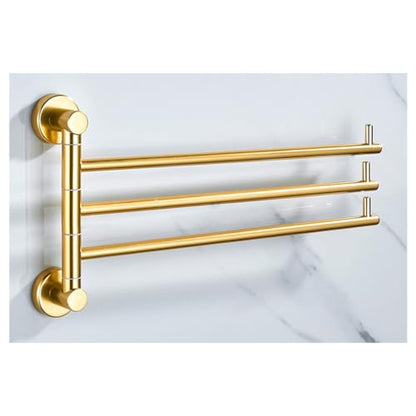 ZHOUXIAO Swing Out Towel Bar Holder Gold Finish/Golden Swivel Towel Rack for Bathroom or Kitchen, Metal Towel Bar Folding Arm Swivel Hanger Bathroom Storage Wall Mounted 3Bars