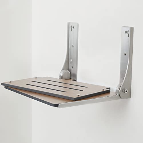 Seachrome Silhouette Folding Wall Mount Shower Bench Seat, Rustic Teak Seat with Silver Frame (SHAF-185155-PRTS-S-SL) - color: Rustic Teak Seat With Silver Frame
