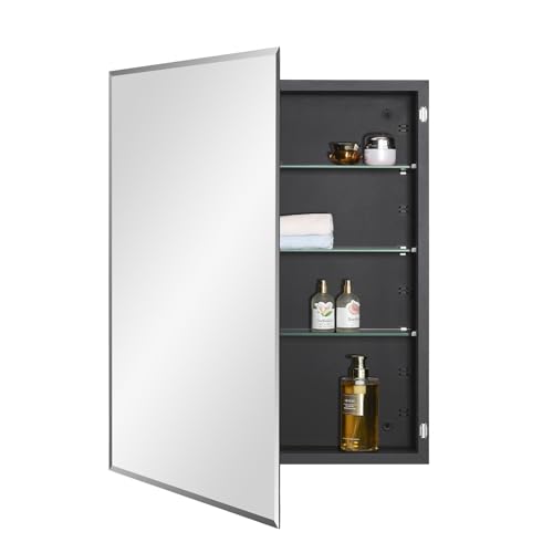 IDYLLOR Black Bathroom Medicine Cabinet with Beveled Edge Mirrored Door 24 x 30 inch, Recessed or Surface Mount, with Adjustable Glass Shelves - color: Matte Black, size: 24x30 inch Beveled Edge Mirror