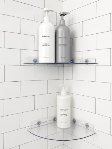 Bakzon Acrylic Corner Shelf 2 Pack, Adhesive Shower Caddy, 0.12" Thick Shatter-Resistant Clear Bathroom Corner Shelves for Tile Wall, No Drill Renter Friendly, 10×10 Inch, 20 lbs Capacity - style: Corner Shelf-Clear