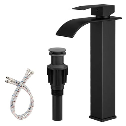 Vessel Sink Faucet Black Waterfall Bathroom Faucet with Drain Assembly | Stainless Steel,Single Handle One Hole,Deck Mount,Modern Bowl Sink Faucet,with 3/8" Supply Hose,Lead-Free by Bathfinesse - color: Matte Black