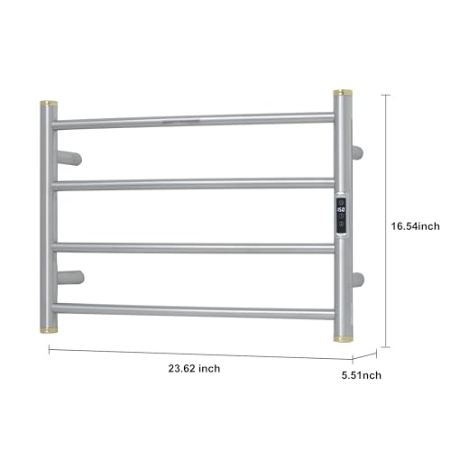 Electric Towel Warmer Rack,Heating Towel Warmer,Timer & Temperature Control,Wall-Mounted Plug-in for Bathroom,Brushed,Stainless Steel,4-Bar(16.54x23.62x5.51in) - color: Round-matte Brushed With Gold Top, size: 4 Bars