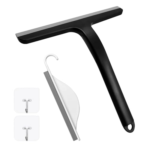 Daily Treasures 2PCS Rubber Squeegee for Shower Glass Door - Black Shower Squeegee with Hook and Small Squeegee, Extended 8.6'' Handle, for Car Windows, Tiles, Mirror and Bathroom Doors