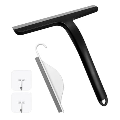 Daily Treasures 2PCS Rubber Squeegee for Shower Glass Door - Black Shower Squeegee with Hook and Small Squeegee, Extended 8.6'' Handle, for Car Windows, Tiles, Mirror and Bathroom Doors